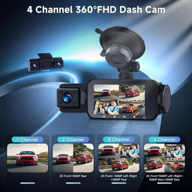 Alt view image 4 of 7 - 4 Channel Dash Cam Front Rear Inside Exterior, IPS 4K/2K Mini Dashcam Quad Car Camera with GPS WiFi, Wireless 4 Lens Dashcam, Night Vision, Parking Mode, Loop Recording, 128GB SD Card Included