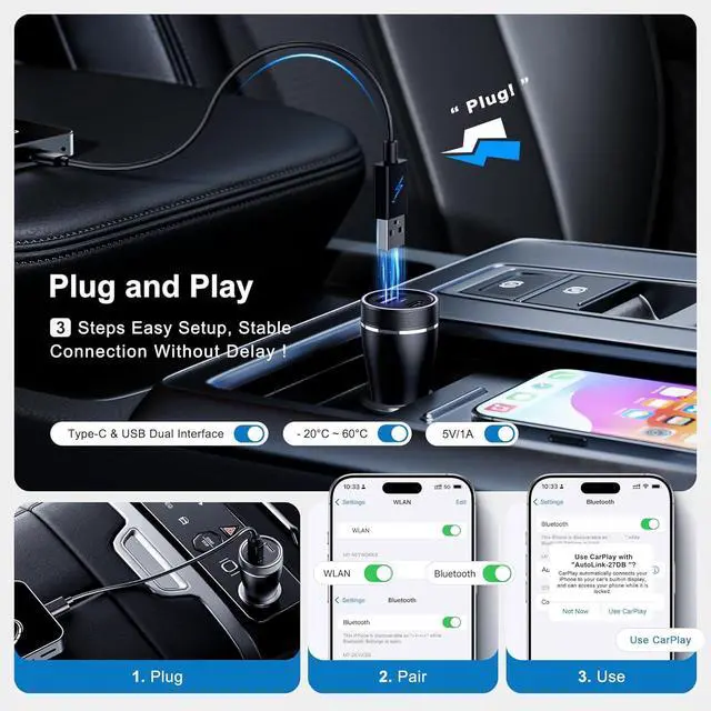 Alt view image 3 of 7 - AI Box Wireless CarPlay & Auto Adapter - Plug & Play, Dual-Band WiFi, Bluetooth 5.0, 4K Video Support, Android 12.0 System, Compatible with Factory CarPlay & Android Auto 4GB RAM+32GB ROM