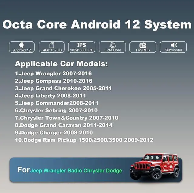 Alt view image 3 of 7 - 8 Core 4+32G Car Radio Stereo for Jeep Wrangler JK Compass Patriot/Chrysler/Dodge Ram/Charger with Wireless Carplay Android Auto 7'' HD Touchscreen Android Car Stereo with Backup Camera AM/FM/RDS