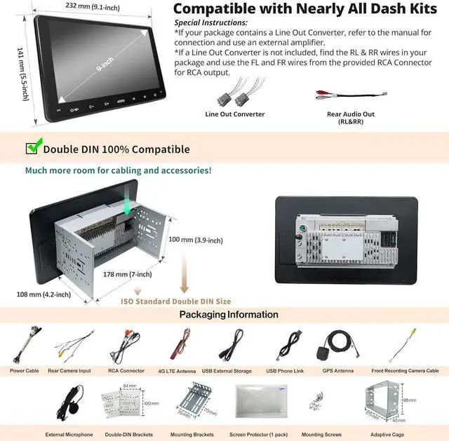 Alt view image 7 of 7 - S8 8-core 9 inch QLED Double Din Android Car Stereo, Wireless CarPlay & Android Auto, Built-in 4G,WiFi/BT/USB Tethering, 2 Bluetooth, 4G+32G Car Radio, SCVC&DSP, AI Chat, MirrorLink,S8G2094MS