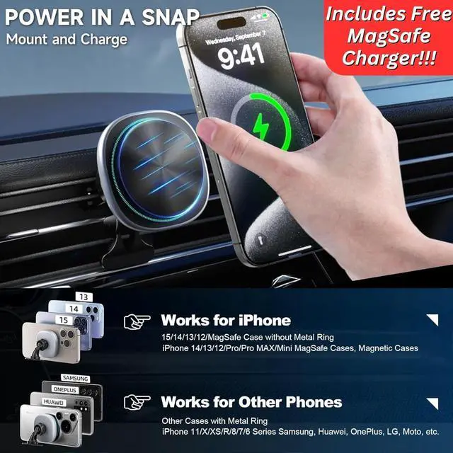 Alt view image 6 of 7 - Wireless CarPlay Adapter With Magnetic Phone Charger Mount Bluetooth Auto-Connect - Compatible With CarPlay Vehicles, Upgrade to Hands-Free for iPhone or Android