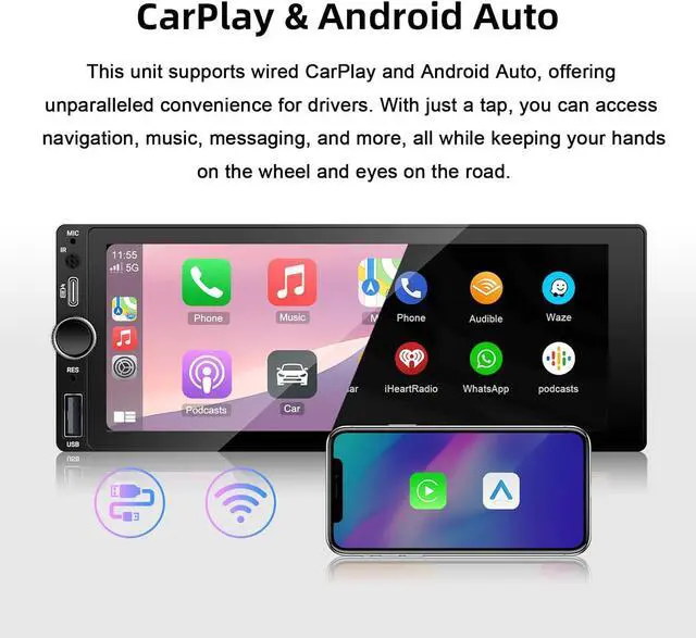 Alt view image 3 of 7 - Type-C&USB Single-Din-Car-Radio with Wireless-appl e-Carplay & Android-Auto,Carplay Screen for Car,6.86 Inch Touchscreen,Bluetooth Handsfree, Backup Camera, FM Radio