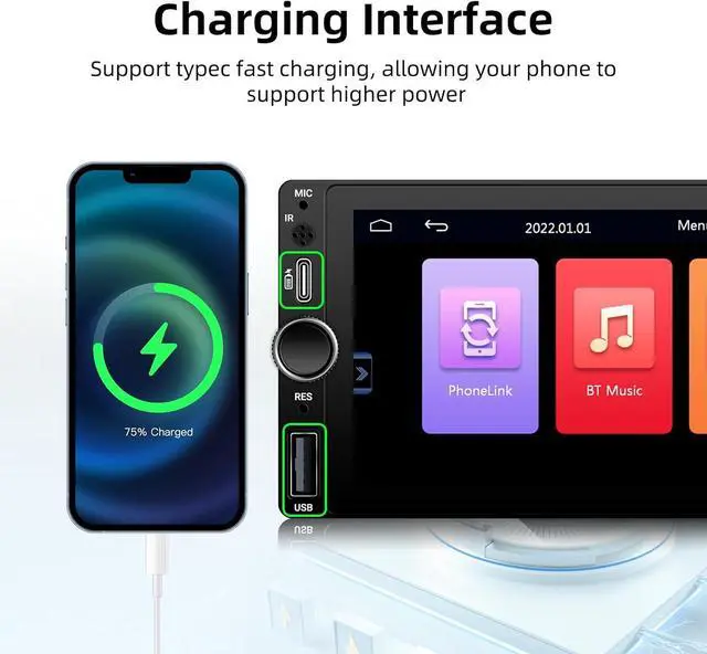 Alt view image 6 of 7 - Type-C&USB Single-Din-Car-Radio with Wireless-appl e-Carplay & Android-Auto,Carplay Screen for Car,6.86 Inch Touchscreen,Bluetooth Handsfree, Backup Camera, FM Radio