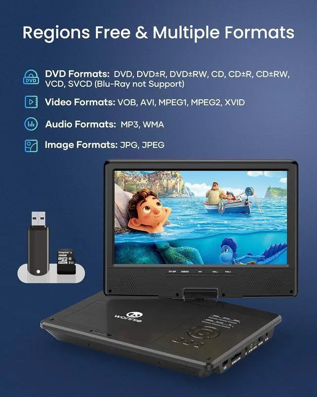 Alt view image 3 of 7 - 12.5 Inch Portable DVD Player with 10.5 Inch Swivel HD Screen, with Car Headrest Case, 5-Hour Rechargeable Battery, Car Charger and AC Adapter, Supports USB/SD Card/Sync TV, All Regions