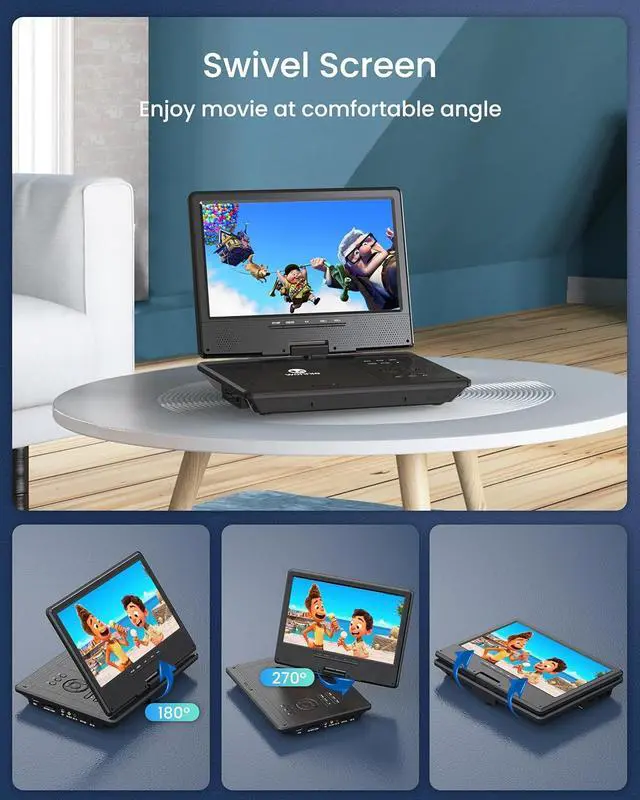 Alt view image 4 of 7 - 12.5 Inch Portable DVD Player with 10.5 Inch Swivel HD Screen, with Car Headrest Case, 5-Hour Rechargeable Battery, Car Charger and AC Adapter, Supports USB/SD Card/Sync TV, All Regions