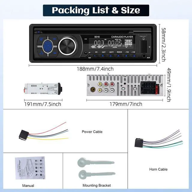 Alt view image 7 of 7 - Single Din Car Radio CD Player,Car DVD Player with Bluetooth Hands-Free Calling Car Stereo MP3 Car Player Car Audio Receivers with AM/FM Radio,VCD,DVD,USB/SD Card/AUX-in MP3