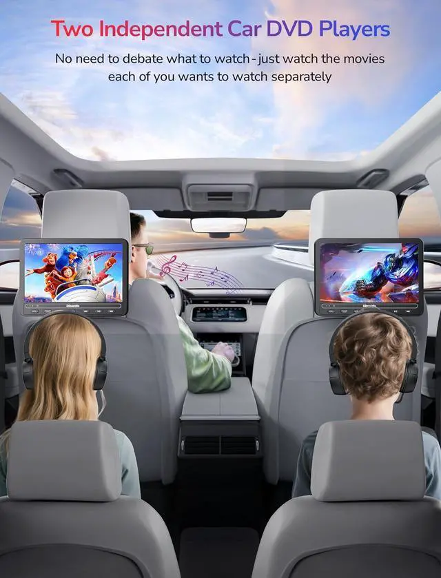 Alt view image 2 of 7 - 10.1" Portable DVD Players for Car with HDMI Input, 5-Hour Battery, 2 Headphones, Dual Car DVD Players for Back Seat Support USB/TF Card, Last Memory, Play Same/Different Movies, Region Free