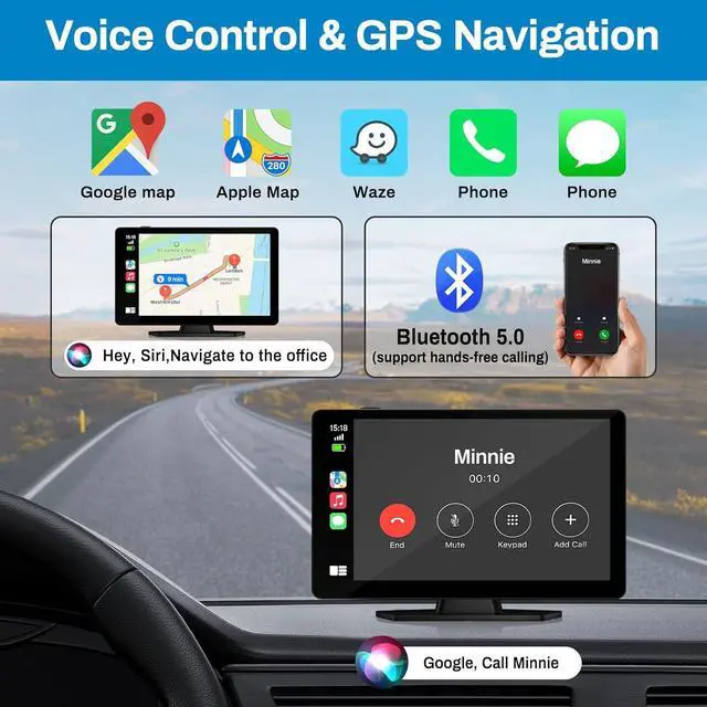 Alt view image 4 of 7 - Wireless Carplay Screen for Car with 4K Dash Cam, 9" Portable Carplay & Android Auto, Car Touchscreen with 1080p Backup Camera, GPS Navigation/Voice Control/BT/Mirror Link/FM