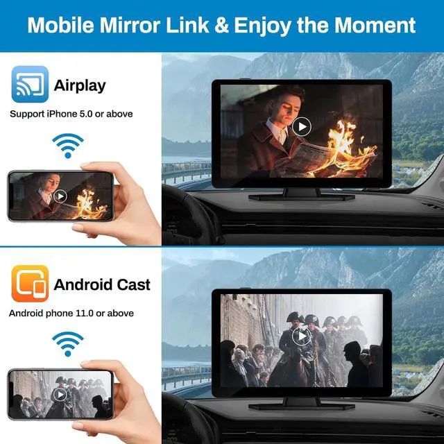 Alt view image 5 of 7 - Wireless Carplay Screen for Car with 4K Dash Cam, 9" Portable Carplay & Android Auto, Car Touchscreen with 1080p Backup Camera, GPS Navigation/Voice Control/BT/Mirror Link/FM