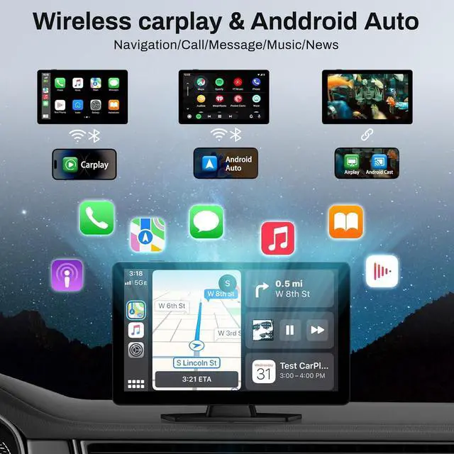 Alt view image 7 of 7 - Wireless Carplay Screen for Car with 4K Dash Cam, 9" Portable Carplay & Android Auto, Car Touchscreen with 1080p Backup Camera, GPS Navigation/Voice Control/BT/Mirror Link/FM
