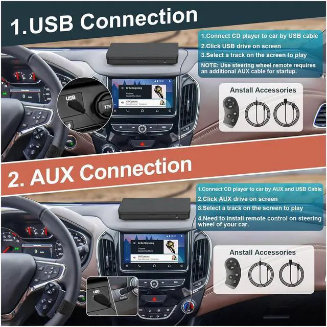 Alt view image 3 of 7 - Cd Player for Car - External Car CD Player with Steering Wheel Remote, Plug & Play USB/AUX Connection, Portable CD Player for Cars, Anti-Shock Noise Reduction, Hidden Cable Storage