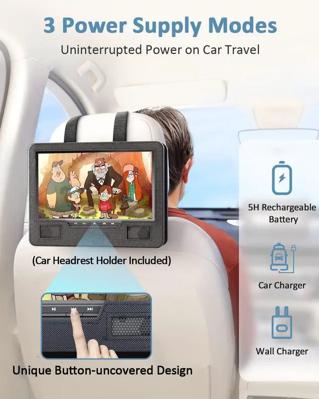 Alt view image 3 of 7 - 12.5" Portable DVD Player for Car, 10.5" HD Swivel Screen with Car Headrest Holder, 5-Hour Rechargeable, Support USB/SD/Sync TV, Regions Free, Last Memory