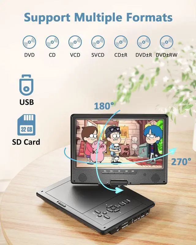 Alt view image 4 of 7 - 12.5" Portable DVD Player for Car, 10.5" HD Swivel Screen with Car Headrest Holder, 5-Hour Rechargeable, Support USB/SD/Sync TV, Regions Free, Last Memory