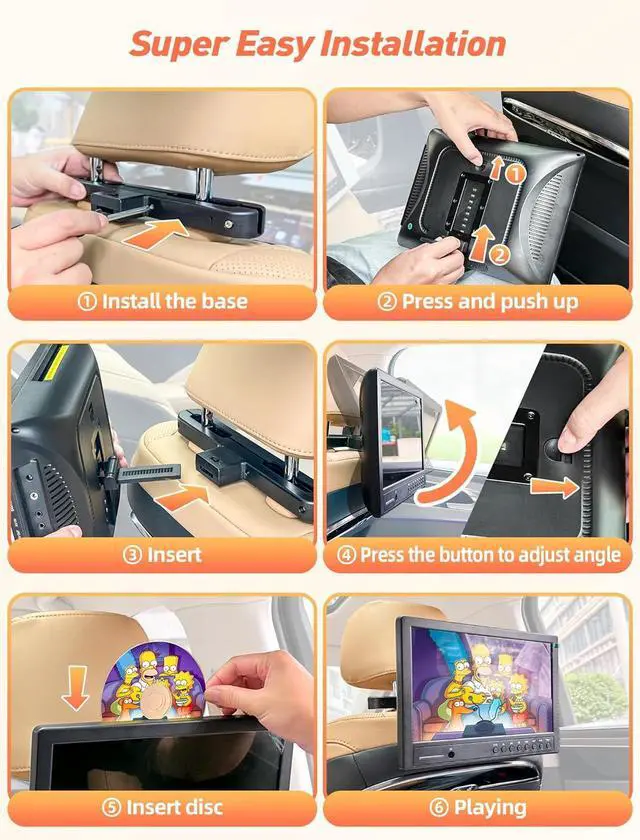 Alt view image 7 of 7 - 12.5" Car DVD Player with Headphone, Portable DVD Player with Headrest Mount, Suction-Type Disc in, Headrest DVD Player Support 1080P Video, HDMI Input, AV in/Out, USB/SD Card Reader