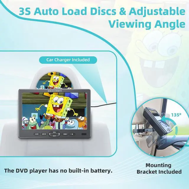 Alt view image 2 of 7 - 10.1" Car Headrest DVD Player with Suction-Type Disc in,  1080P Portable DVD Player for Car with Headphones, Mounting Brackets, Support HDMI Input,AV in/Out, Region Free, Last Memory