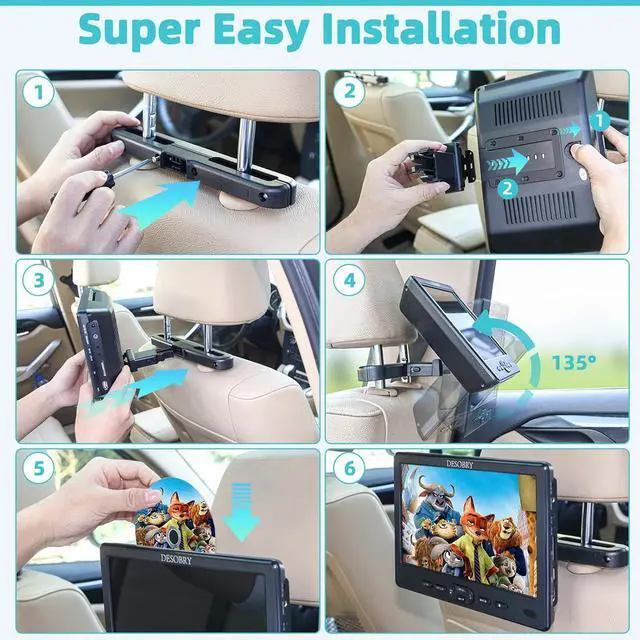 Alt view image 6 of 7 - 10.1" Car Headrest DVD Player with Suction-Type Disc in,  1080P Portable DVD Player for Car with Headphones, Mounting Brackets, Support HDMI Input,AV in/Out, Region Free, Last Memory