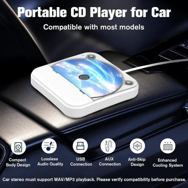 Alt view image 2 of 7 - Portable CD Player for Car with USB & AUX  Universal External CD Drive with Anti-Skip, USB Extension Cable, Plug & Play for Vehicle, Laptop, TV  Compatible with Android 4.4+