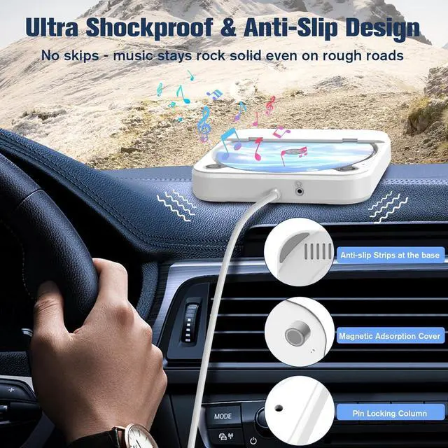 Alt view image 3 of 7 - Portable CD Player for Car with USB & AUX  Universal External CD Drive with Anti-Skip, USB Extension Cable, Plug & Play for Vehicle, Laptop, TV  Compatible with Android 4.4+