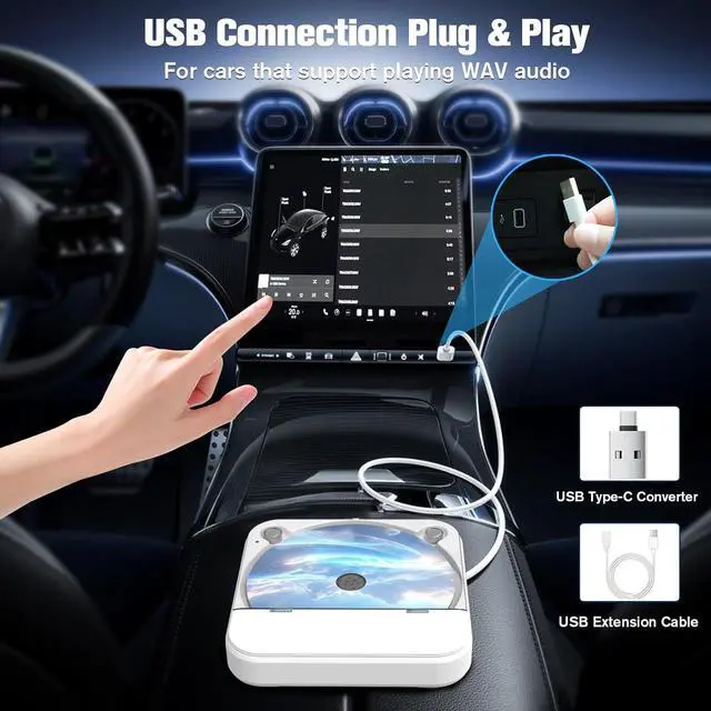 Alt view image 4 of 7 - Portable CD Player for Car with USB & AUX  Universal External CD Drive with Anti-Skip, USB Extension Cable, Plug & Play for Vehicle, Laptop, TV  Compatible with Android 4.4+