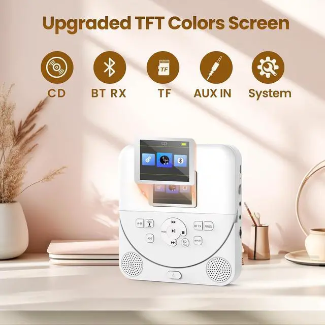 Alt view image 3 of 7 - Bluetooth CD Player Portable for Home with Dual Speakers, FM Transmitter, Rechargeable Portable CD Player for Car Compact Player with Colorful TFT Screen