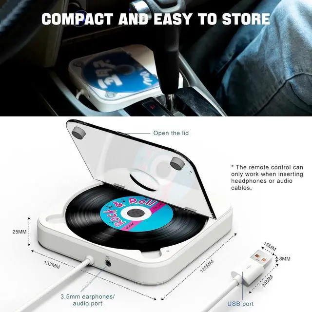 Alt view image 7 of 7 - Portable CD Player for Car, Vehicles Home & Office | Car CD Player with USB/AUX Ports for TV, Computer, Laptop | Built-in Decoder & Anti-Vibration Design | Compact & Lightweight