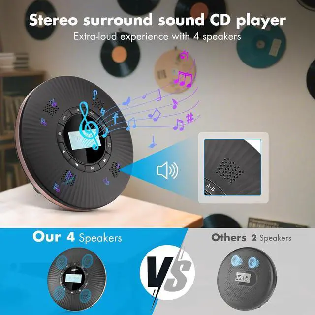 Alt view image 2 of 7 - HOTT CD Player Portable with 4 Speakers Anti Skip Portable CD Player with 5.3 Bluetooth and FM Transmitter with Big LCD Screen Rechargeable 1800mAh Small CD Players with Headphones for Car Home Travel