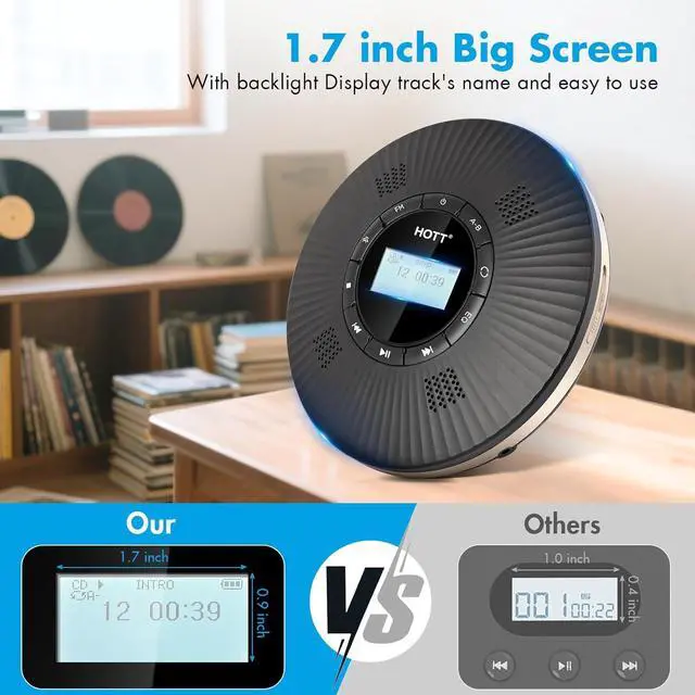 Alt view image 6 of 7 - HOTT CD Player Portable with 4 Speakers Anti Skip Portable CD Player with 5.3 Bluetooth and FM Transmitter with Big LCD Screen Rechargeable 1800mAh Small CD Players with Headphones for Car Home Travel