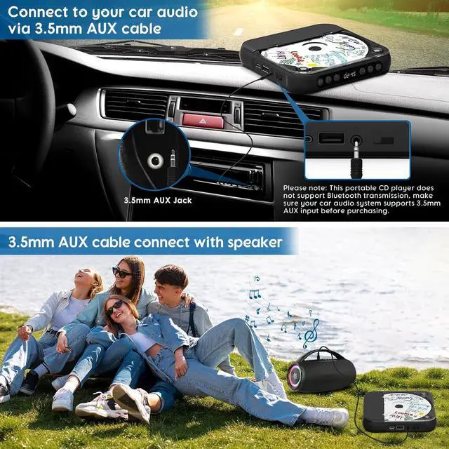 Alt view image 4 of 7 - Portable CD Player with Bluetooth 5.3, Rechargeable Walkman CD Player for Home/Car, Built-in HiFi Speakers, Headphones, LCD Screen, Supports CD/AUX/USB and Repeat Modes, Black