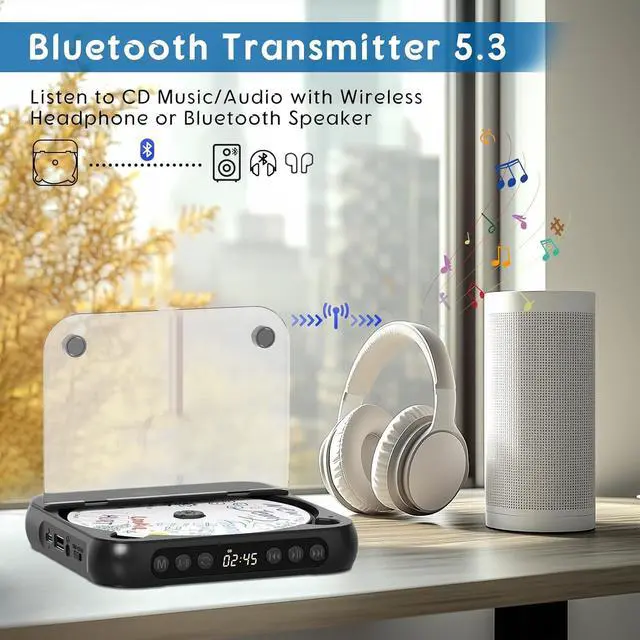 Alt view image 5 of 7 - Portable CD Player with Bluetooth 5.3, Rechargeable Walkman CD Player for Home/Car, Built-in HiFi Speakers, Headphones, LCD Screen, Supports CD/AUX/USB and Repeat Modes, Black
