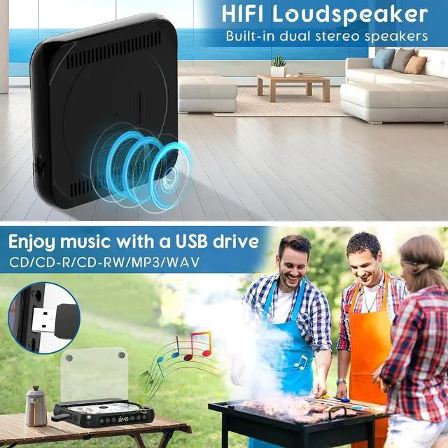 Alt view image 6 of 7 - Portable CD Player with Bluetooth 5.3, Rechargeable Walkman CD Player for Home/Car, Built-in HiFi Speakers, Headphones, LCD Screen, Supports CD/AUX/USB and Repeat Modes, Black