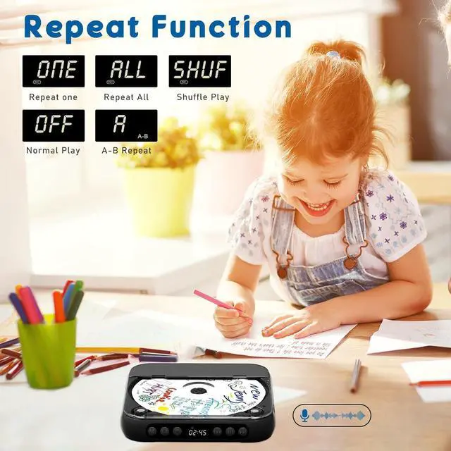 Alt view image 7 of 7 - Portable CD Player with Bluetooth 5.3, Rechargeable Walkman CD Player for Home/Car, Built-in HiFi Speakers, Headphones, LCD Screen, Supports CD/AUX/USB and Repeat Modes, Black