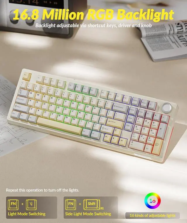 Alt view image 7 of 7 - KI99 Pro 96% Wireless Mechanical Gaming Keyboard, Creamy Keyboard with Number Pad, Hot-Swappable Pre-Lubed Switches, Gasket Structure RGB Keyboards for Gamer/PC/Laptop(Beige White)
