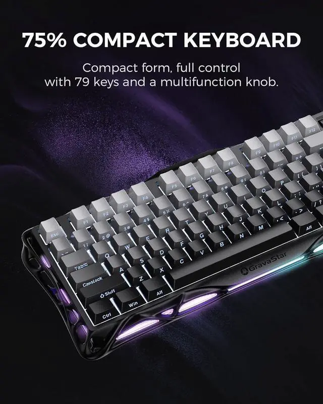 Alt view image 4 of 7 - GravaStar Mercury K1 75% Wireless Mechanical Gaming Keyboard, Aluminum Alloy, Gasket Compact Custom Keyboard Hot-Swap Socket, Linear Switches, RGB Backlit - Gradient Black