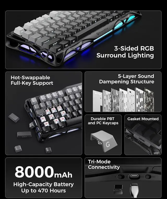 Alt view image 7 of 7 - GravaStar Mercury K1 75% Wireless Mechanical Gaming Keyboard, Aluminum Alloy, Gasket Compact Custom Keyboard Hot-Swap Socket, Linear Switches, RGB Backlit - Gradient Black