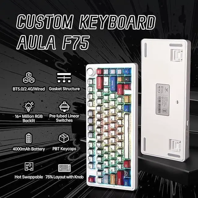 Alt view image 2 of 7 - Aula F75 Wireless Mechanical Keyboard,Creamy Keyboard with RGB Backlit Hot Swappable, 81 Keys 75% Layout Gaming Keyboard, Bluetooth/2.4GHz/Type-C, Creamy Sounding - Reaper Switches