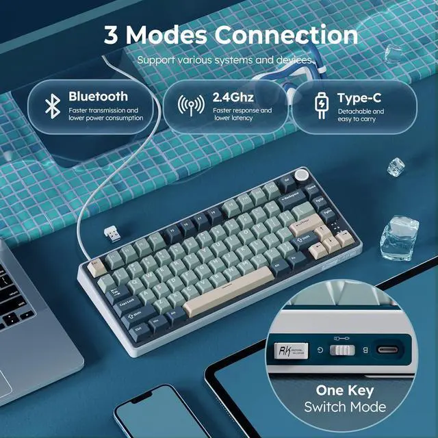 Alt view image 3 of 7 - RK ROYAL KLUDGE R75 Wireless Mechanical Keyboard, 75% Percent Custom Gaming Keyboard Gasket Mount RGB Backlit with Knob & PBT Keycaps, BT5.1/2.4GHz/USB-C, Hot Swappable Cream Switch