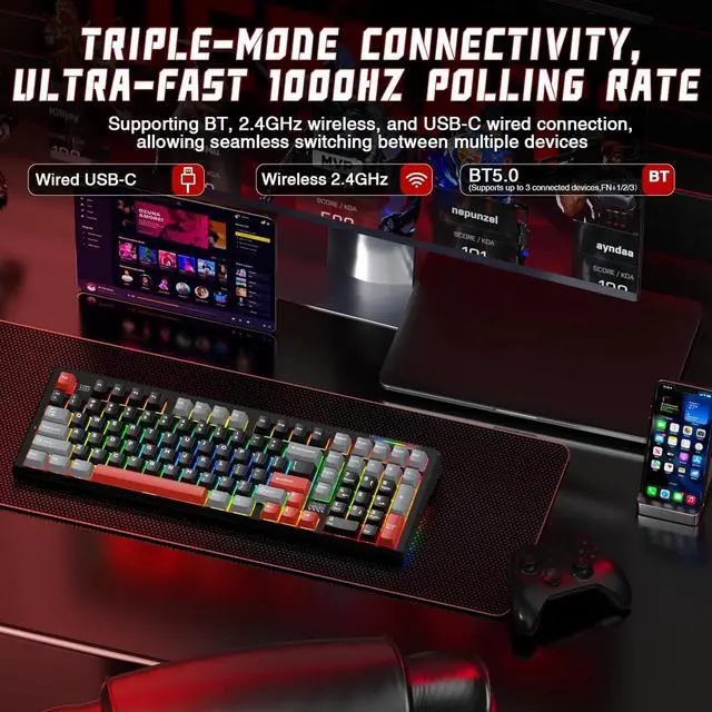 Alt view image 3 of 7 - LINGBAO K98 Wireless Mechanical Gaming Keyboard, Tri-Mode BT5.0/2.4GHz/USB-C, Gasket Custom Hot-Swappable Linear Switches Creamy Keyboard with Number Pad, RGB Backlit Gaming Keyboard for PC Laptop