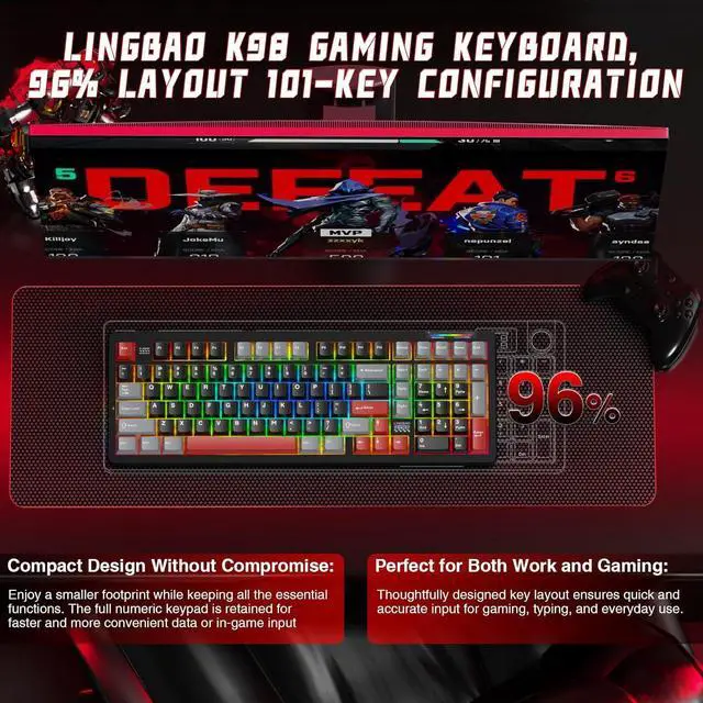 Alt view image 5 of 7 - LINGBAO K98 Wireless Mechanical Gaming Keyboard, Tri-Mode BT5.0/2.4GHz/USB-C, Gasket Custom Hot-Swappable Linear Switches Creamy Keyboard with Number Pad, RGB Backlit Gaming Keyboard for PC Laptop