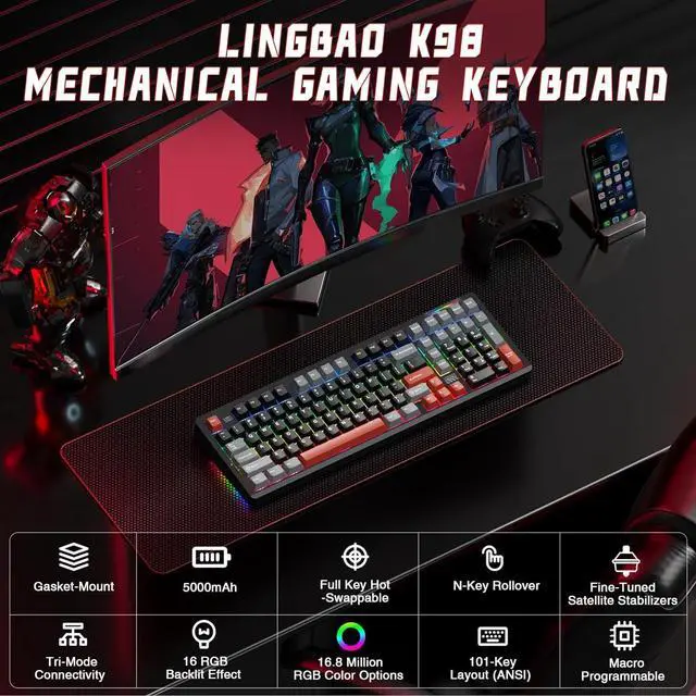 Alt view image 2 of 7 - LINGBAO K98 Wireless Mechanical Gaming Keyboard, Tri-Mode BT5.0/2.4GHz/USB-C, Gasket Custom Hot-Swappable Linear Switches Creamy Keyboard with Number Pad, RGB Backlit Gaming Keyboard for PC Laptop