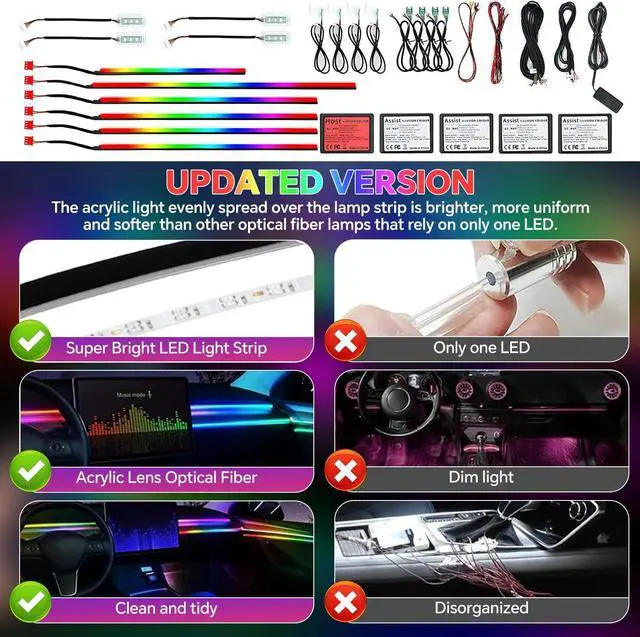 Alt view image 4 of 7 - Dreamcolor Acrylic Interior Car Ambient Light Kit,  18 in 1 593 LEDs Fiber Optic Multiple Modes Decoration Atmosphere Lights with Music Dynamic Rainbow Rhythm, RGB Neon Lights for All Cars