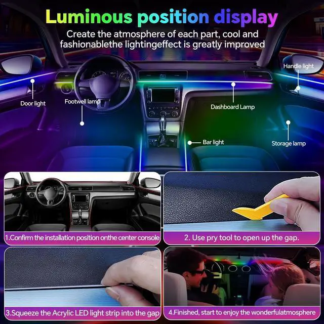 Alt view image 5 of 7 - Dreamcolor Acrylic Interior Car Ambient Light Kit,  18 in 1 593 LEDs Fiber Optic Multiple Modes Decoration Atmosphere Lights with Music Dynamic Rainbow Rhythm, RGB Neon Lights for All Cars