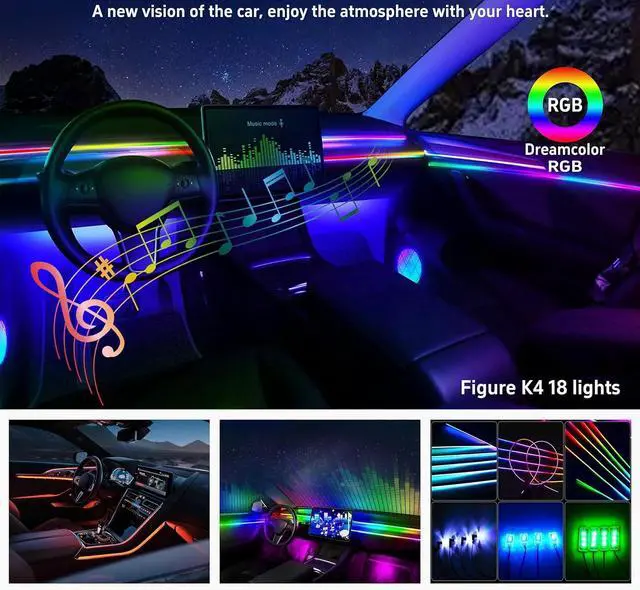 Alt view image 2 of 7 - Acrylic Interior Car LED Strip Lights, Colorful 18-in-1 Car Ambient Lighting Kit, with Wireless APP Control, 622 LED Fiber Optic Strip Lights for Cars, Supports Neon Sync with Music DIY Mode.