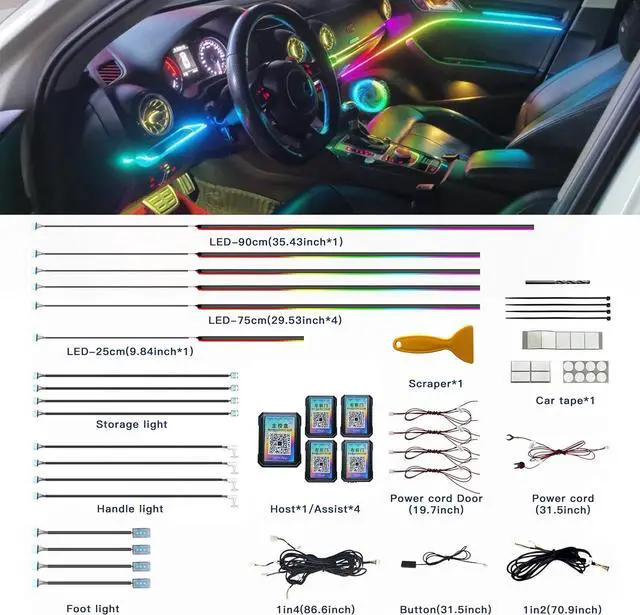 Alt view image 4 of 7 - Acrylic Interior Car LED Strip Lights, Colorful 18-in-1 Car Ambient Lighting Kit, with Wireless APP Control, 622 LED Fiber Optic Strip Lights for Cars, Supports Neon Sync with Music DIY Mode.
