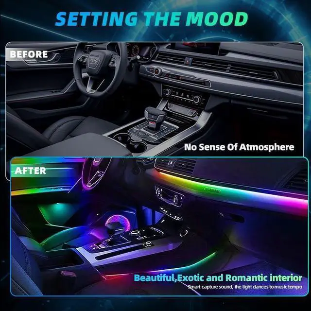Alt view image 5 of 7 - Acrylic Interior Car LED Strip Lights, Colorful 18-in-1 Car Ambient Lighting Kit, with Wireless APP Control, 622 LED Fiber Optic Strip Lights for Cars, Supports Neon Sync with Music DIY Mode.