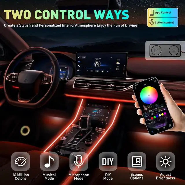 Alt view image 6 of 7 - Acrylic Interior Car LED Strip Lights, Colorful 18-in-1 Car Ambient Lighting Kit, with Wireless APP Control, 622 LED Fiber Optic Strip Lights for Cars, Supports Neon Sync with Music DIY Mode.