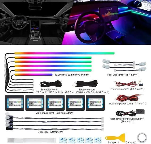 Alt view image 2 of 7 - Dreamcolor Acrylic Interior Car LED Strip Light with Wireless APP, RGB 14 in 1 with 175 inches 600 LEDs Fiber Optic Car Ambient Lighting Kits, Dual Zone Sound Active Function LED Strip for Car