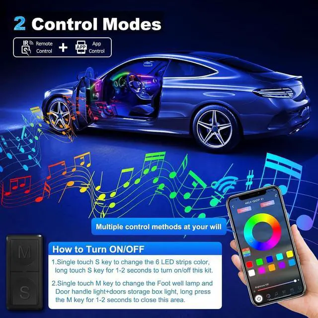 Alt view image 4 of 7 - Dreamcolor Acrylic Interior Car LED Strip Light with Wireless APP, RGB 14 in 1 with 175 inches 600 LEDs Fiber Optic Car Ambient Lighting Kits, Dual Zone Sound Active Function LED Strip for Car