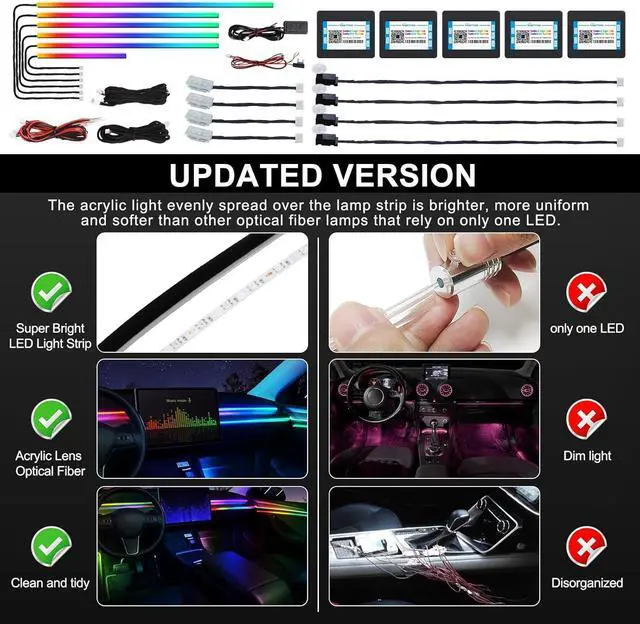 Alt view image 5 of 7 - Dreamcolor Acrylic Interior Car LED Strip Light with Wireless APP, RGB 14 in 1 with 175 inches 600 LEDs Fiber Optic Car Ambient Lighting Kits, Dual Zone Sound Active Function LED Strip for Car