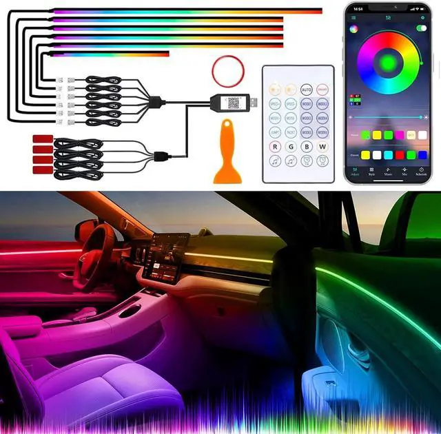 Main image of Acrylic Interior Car Lights with Wireless APP/Remote/Button Control, 10 in 1 Dreamcolor USB Car Ambient Lighting Kit 16 Million Colors Neon Strip Accessories for Vehicle Truck Inside Decorations