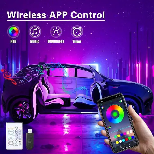 Alt view image 5 of 7 - Acrylic Interior Car Lights with Wireless APP/Remote/Button Control, 10 in 1 Dreamcolor USB Car Ambient Lighting Kit 16 Million Colors Neon Strip Accessories for Vehicle Truck Inside Decorations
